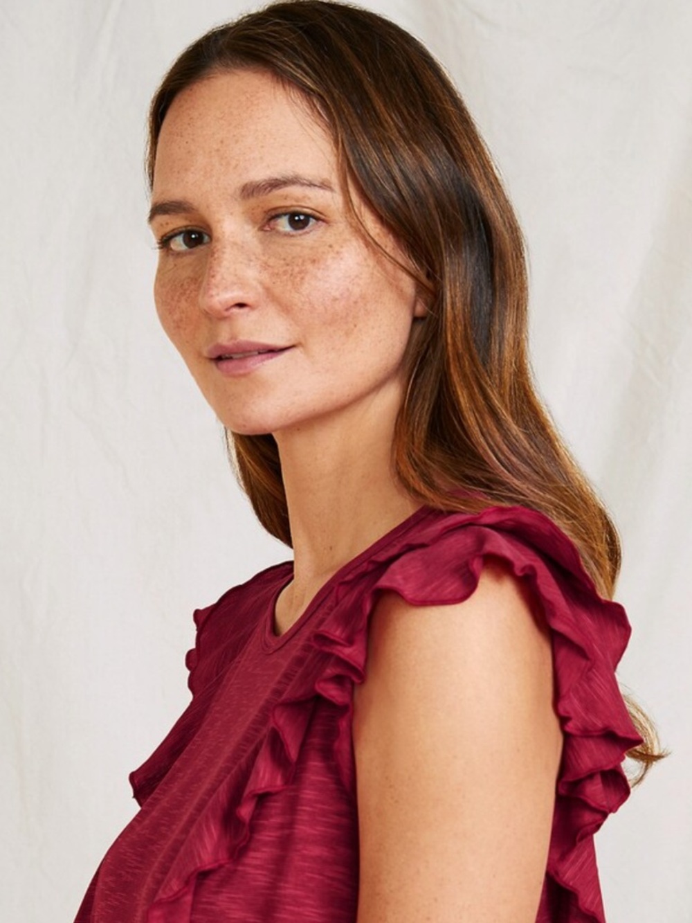 Garnet Hill Red Ora Ruffle-Detail Tee, S